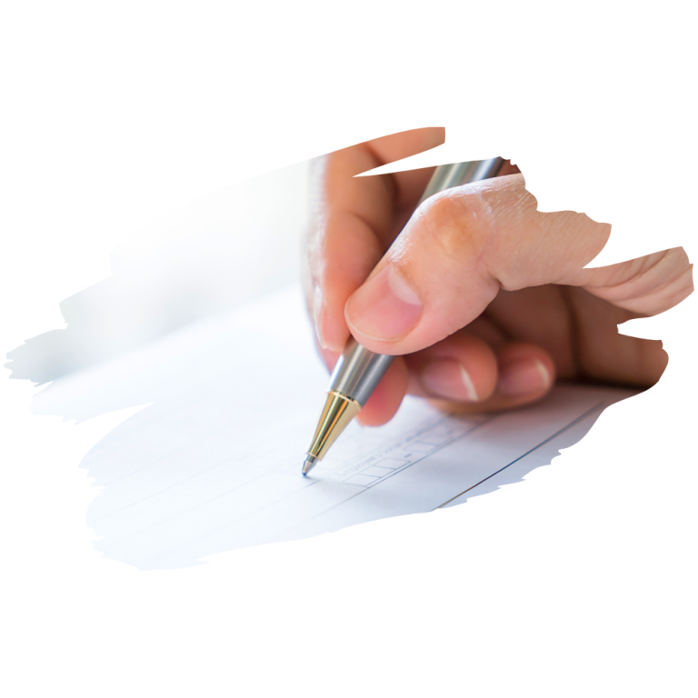 Someone holding a silver pen and filling in a form